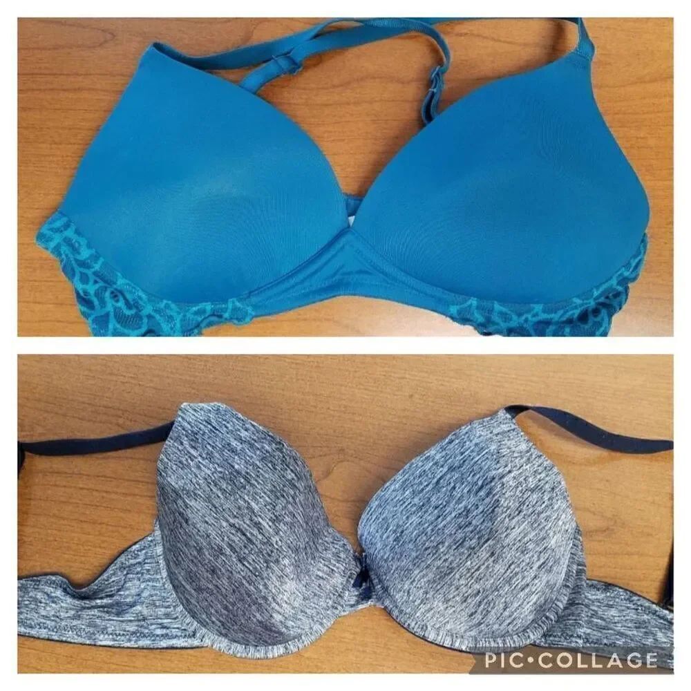SET OF 2 36C Bras. 1-SO Aqua with lace wings. No underwire 1-no brand Navy space